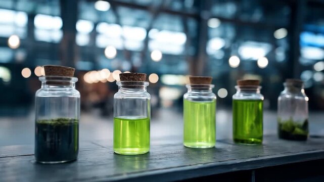 Liquid substance in glass bottles on tabletop still life composition