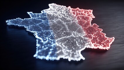 Glowing outline of France, rendered with a digital network effect, in French flag colors