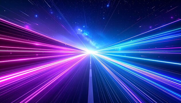 An abstract, vibrant digital illustration features neon light trails converging into a bright, central light against a star-filled background