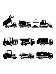 Fototapeta premium A Collection of Essential Black Silhouette Icons Featuring Various Construction and Service Vehicles. 