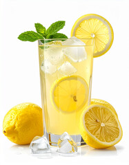 A tall glass of sparkling, light yellow lemonade with ice cubes, garnished with lemon slices and a sprig of fresh mint. Ripe lemons surround the base. A perfect summer drink.
