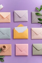 Colorful envelopes arranged on lilac background, open one