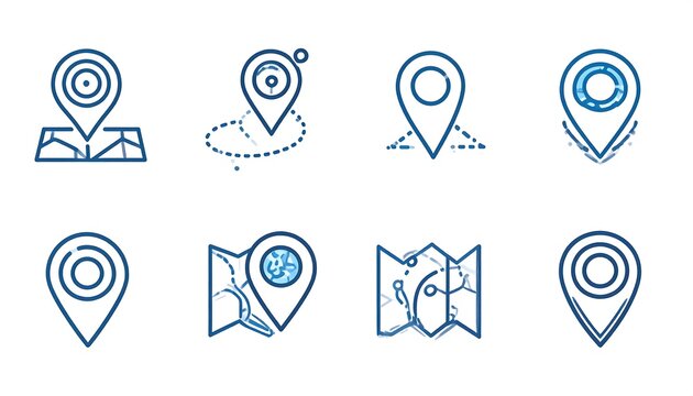Set of eight blue location pin icons in various designs, with and without maps, perfect for navigation or cartography themes