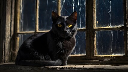 A black cat with glowing yellow eyes sitting on an old cracked windowsill, moonlight casting sharp shadows 3