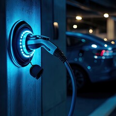 EV charging station with blue light, car blurry in background