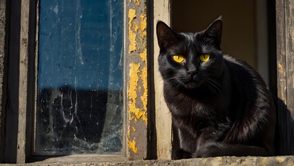 A black cat with glowing yellow eyes sitting on an old cracked windowsill, moonlight casting sharp shadows 4