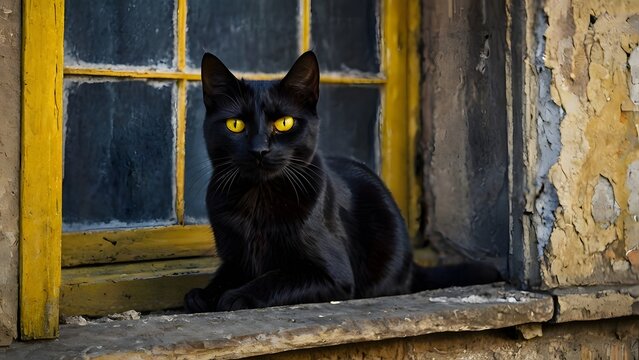 A black cat with glowing yellow eyes sitting on an old cracked windowsill, moonlight casting sharp shadows - Powered by Adobe