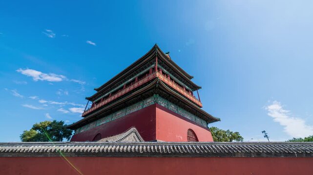 Historic Beijing Drum Tower Timelapse - Traditional Chinese Architecture Against Blue Sky