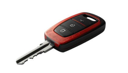 The detailed image showcases a modern key with a sleek design, set against a stark black background, highlighting its metallic and textured elements.