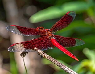 Vibrant red dragonfly perched on a twig (1)