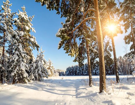 Winter forest scene with snow-covered trees