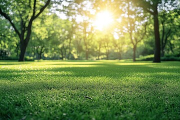 Fototapeta premium Sunlight through trees on green lawn