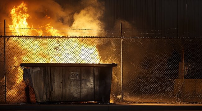 Burning dumpster with chainlink fence