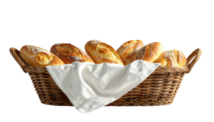 Freshly baked loaves of bread rest inside a woven wicker basket, arranged atop a white linen cloth, creating a visually appealing arrangement set against a solid black backdrop with pleasing light...