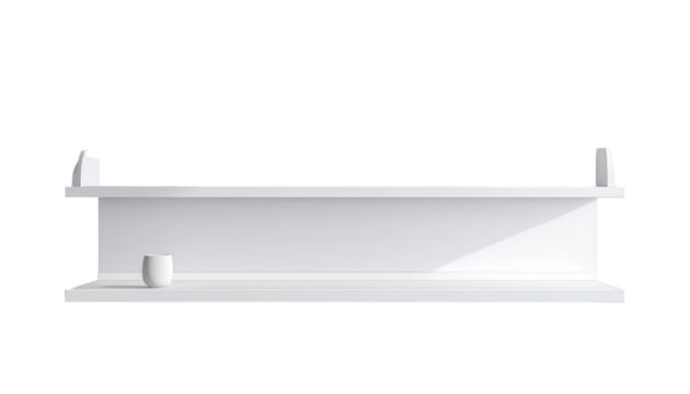 White minimalist shelf design featuring a small curved vase, displaying simple elegance against a contrasting black backdrop, showcasing a modern aesthetic with clean lines and a strong, elegant...