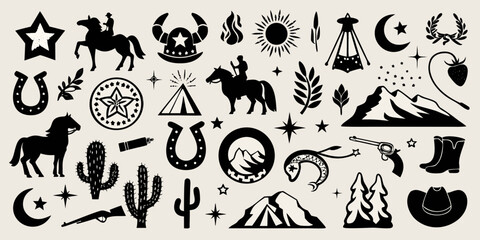 Collection of western and native american inspired icons and silhouettes in black and white