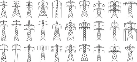 Detailed black and white line art illustration of multiple electricity pylons, high voltage transmission towers, power lines, energy grid infrastructure