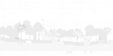 Stylized minimalist architectural drawing of a park scene with trees and people enjoying the outdoors