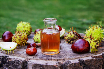 Extract and Horse Chestnut Fruits on a Wooden Stump. Natural Medicine