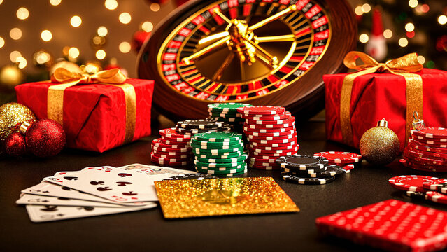 Exciting casino night with festive gifts and lucky cards, creating a thrilling holiday atmosphere for high-stakes fun and celebration