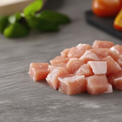Diced pork pile, raw, on textured surface. Kitchen setting