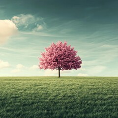 Pink tree in green field, blue sky, tranquil, peaceful scene