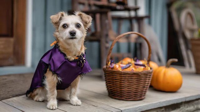 An adorable small dog dressed in a purple Halloween costume sits proudly outside, embodying festive spirit and playfulness, creating joy for all during the holiday season.