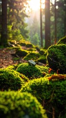 Mossy stones bathed in morning sun