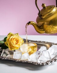 Drink pours onto a tray with flower/ice