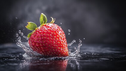 Splashing red strawberry on a reflective dark surface