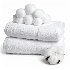 Stacked white towels with cotton balls
