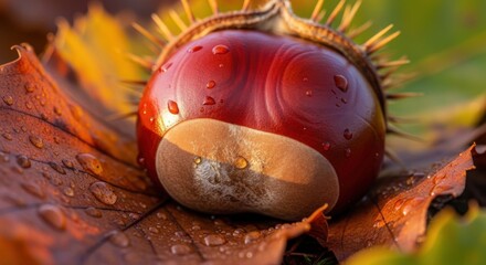 Captivating chestnut with droplets nestled upon autumn foliage setting the stage