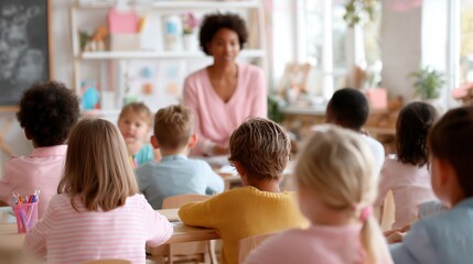 Engaging classroom session with diverse students and a teacher during an afternoon lesson in a bright learning environment