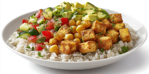 Vegan Buddha Bowl with Chickpeas, Avocado and Fresh Vegetables, Healthy Eating. on white background.