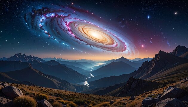 Majestic cosmic spiral galaxy swirls above a vast mountain range bathed in the soft glow of dawn, over serene valley