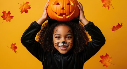Happy black girl in cat costume holding pumpkin above head, yellow background, autumn leaves falling.
Happy Halloween