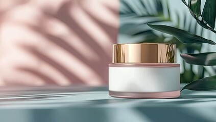 Skincare jar on teal, palm shadows, pink backdrop