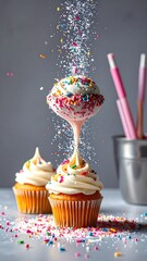 Stacked cupcakes with sprinkles falling