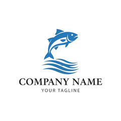 A blue fish leaping out of stylized blue waves, with a placeholder for company name and tagline below.