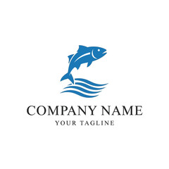 A blue fish jumping over waves, with placeholder text for a company name and tagline, representing a logo design.