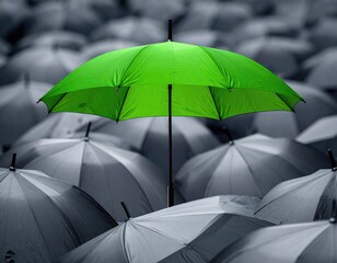 Green umbrella stands out from grays