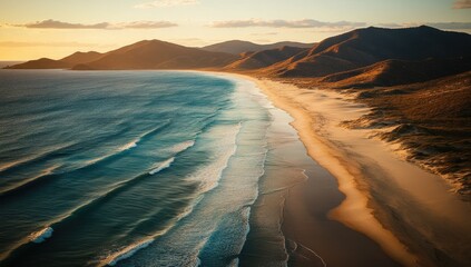 Coastal vista waves crash on a sandy beach at sunset