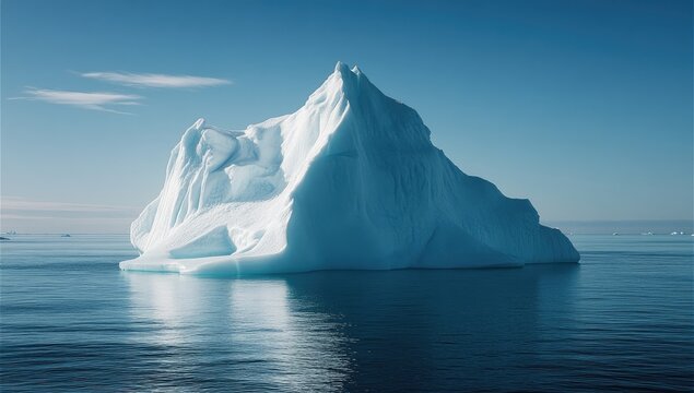Iceberg floats in ocean, blue sky
