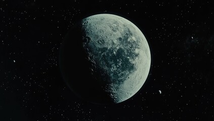 Cratered gray moon against starry void, small moonlet seen