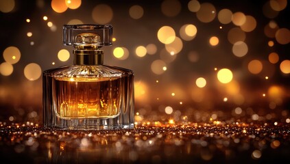 Perfume bottle on glittery surface, bokeh background