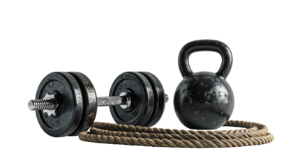 Workout equipment displayed on a black backdrop showcases a dumbbell, kettlebell, and coiled rope; these items are common tools in a fitness or strength training regimen.