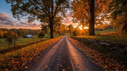 Obraz premium Serene Country Road at Sunset Surrounded by Vibrant Fall Foliage and Warm Nostalgia