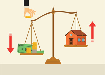 Scale with illustrations of cash and home stocks. The concept of inflation. Stock Illustration