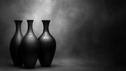 Three dark vases against a blurred grayscale backdrop