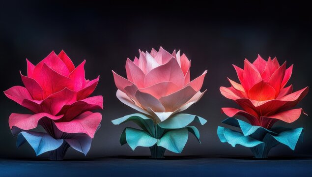 Three colorful origami flowers on dark surface
